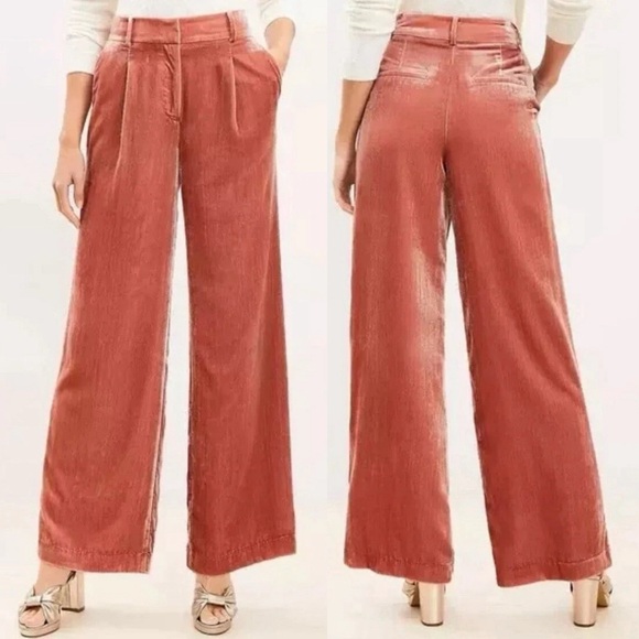 LOFT | Peyton Crushed Velvet High Waist Pants Wide Leg Pleated Rose Cream - Picture 1 of 10